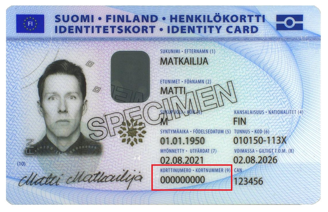 Esimerkki henkilökortista, jossa tunnistenumero on merkitty punaisella kohtaan 9