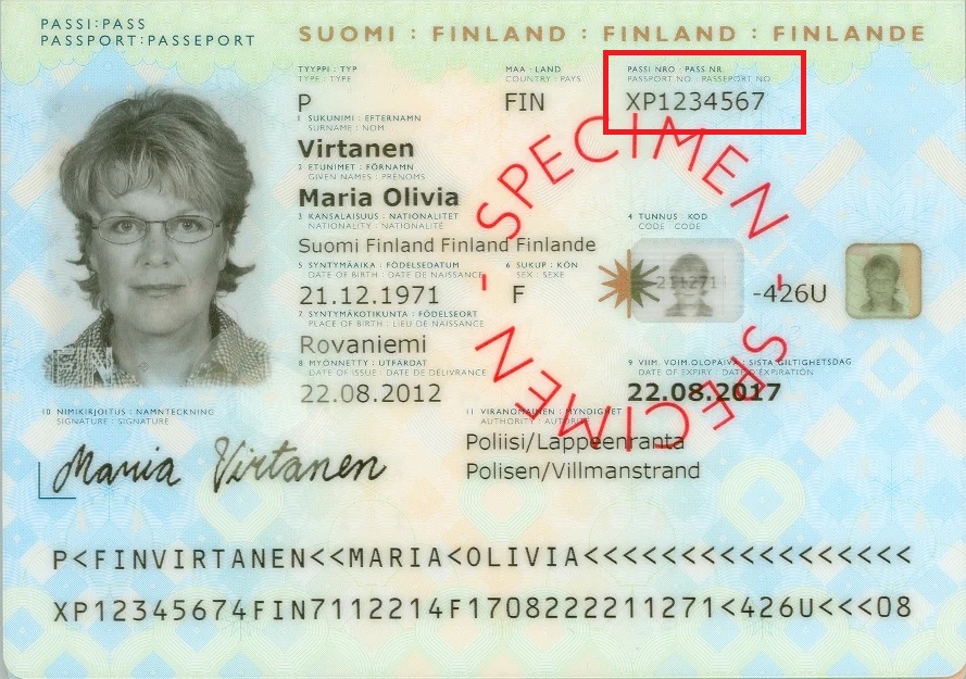 Esimerkki passista, jossa passin numero on merkitty punaisella oikeaan yläkulmaan